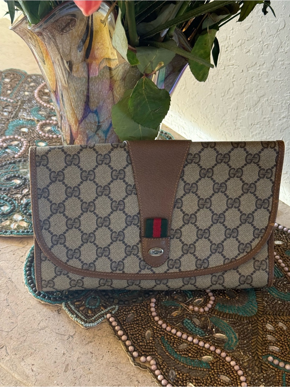 Gucci Brown Monogram Canvas Fold-Over Clutch with Green-Red Web